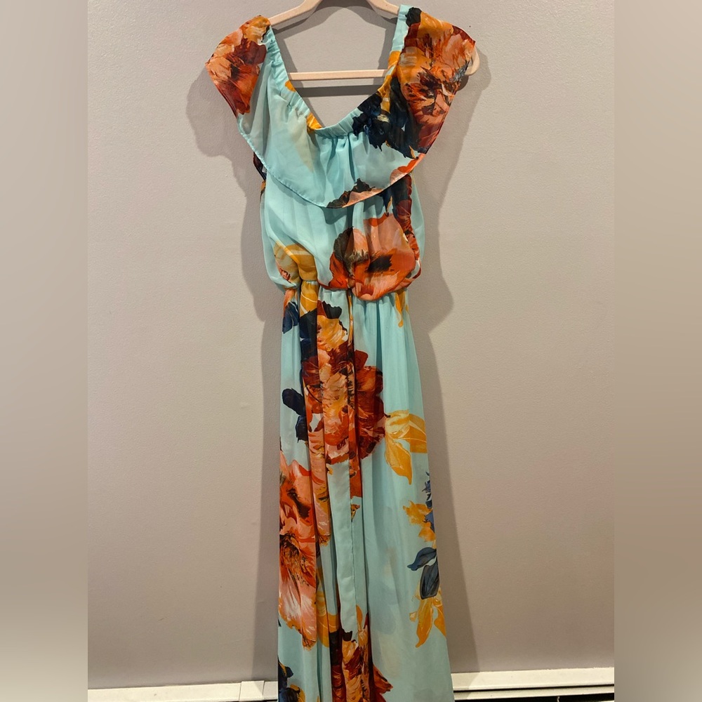 Size 6 Bisou Bisou Turquoise Floral Off Shoulder Maxi Dress